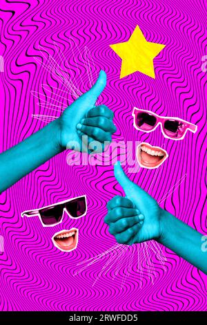Vertical collage of faceless people wear sunglass laughing mouth blue hands thumbs up like symbol isolated on pink illusion background Stock Photo