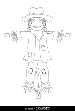 Black and white scarecrows on wooden sticks vector illustration. Coloring page of scarecrows on wooden sticks Stock Vector