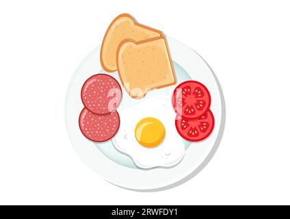 Breakfast Plate with Fried Egg, Tomato Pepperoni and Toasted Bread Vector Flat Design Stock Vector