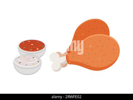 Crispy chicken wings with ketchup and mayonnaise sauce vector flat design. Fast food chicken wings vector illustration on white background Stock Vector