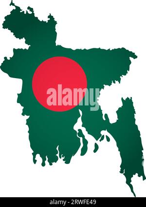 Illustration with national flag with simplified  shape of Bangladesh map (jpg). Volume shadow on the map. Stock Vector