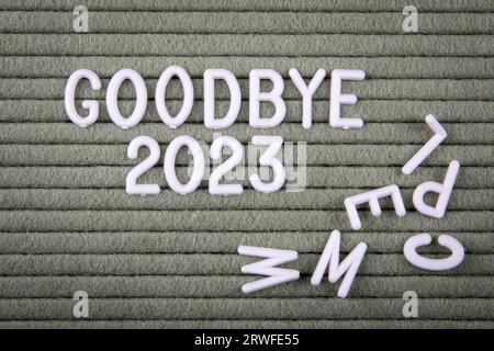Goodbye 2023 Concept. White letters of the alphabet on a green background. Stock Photo
