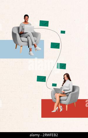 Image artwork collage of successful people office managers sitting corresponding managers isolated on white color background Stock Photo