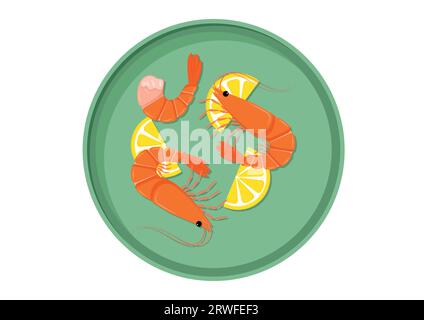 Plate with cooked shrimp and lemon slice vector illustration isolated on white background. Boiled sea food flat design Stock Vector
