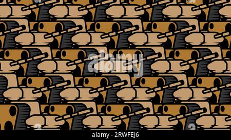 Horizontal banner with advancing army of tank columns with sand coloring and long barrel for firing projectiles at enemy. Heavy artillery and equipmen Stock Vector