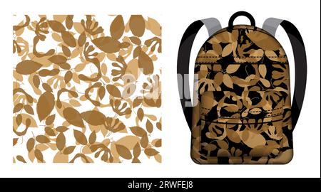 Children school backpack decorated black silhouettes of ash leaves seamless pattern. Autumn fallen leaves of ash tree. Vector ornament for design of p Stock Vector