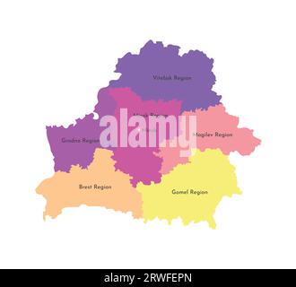Vector isolated illustration of simplified administrative map of Belarus. Borders and names of the regions. Multi colored silhouettes. Stock Vector