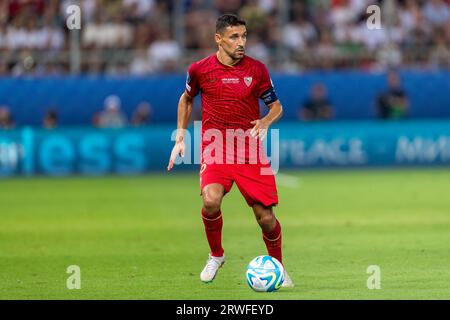 Athens, Greece - August 16,2023: Player of Jesus Navas in action during the UEFA Super Cup Final match between Manchester City and Sevilla at Stadio K Stock Photo