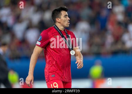Athens, Greece - August 16,2023: Player of Marcos Acuna in action during the UEFA Super Cup Final match between Manchester City and Sevilla at Stadio Stock Photo