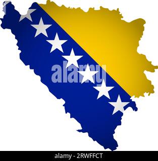 Illustration with national flag with simplified  shape of Bosnia and Herzegovina map (jpg). Volume shadow on the map Stock Vector