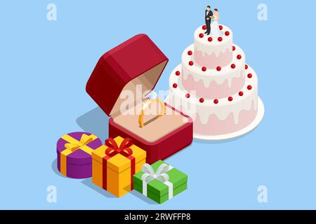 Isometric gift boxes for wedding day. Wedding cake with berries, figurines of bride and groom on top. diamond engagement ring in red box. Wedding Stock Vector