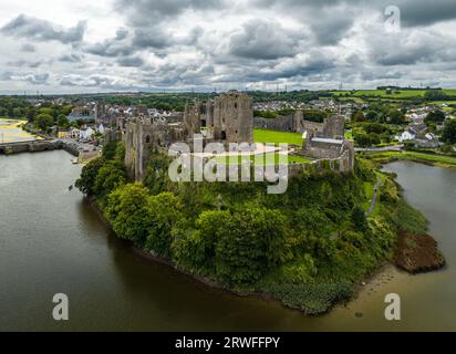 Pembroke Castle from a drone, Pembroke, Pembrokeshire, Wales, England Stock Photo