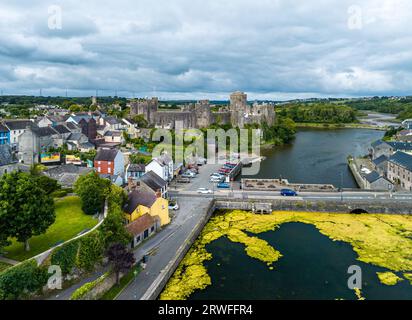 Pembroke Castle from a drone, Pembroke, Pembrokeshire, Wales, England Stock Photo