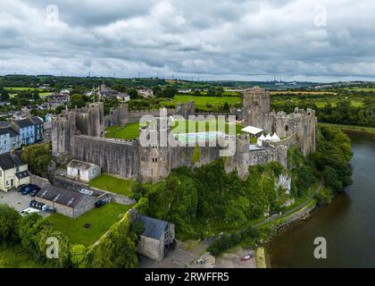 Pembroke Castle from a drone, Pembroke, Pembrokeshire, Wales, England Stock Photo