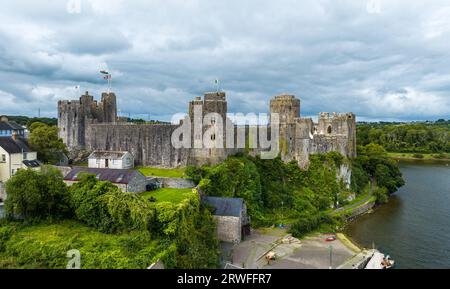 Pembroke Castle from a drone, Pembroke, Pembrokeshire, Wales, England Stock Photo