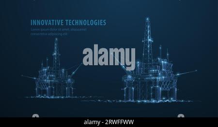 Oil rigs. Abstract 3d floating rig platforms isolated on blue. gas platform, offshore drilling, refinery plant, petroleum industry Stock Vector