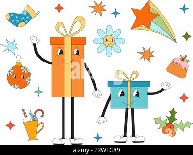 Merry Christmas groovy set. Collection of hippie holiday winter elements in trendy old animation style. Groovy Christmas stickers. Stock Vector