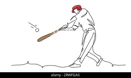 Baseball player hits the ball with a bat. One continuous line art drawing of baseball hit Stock Vector