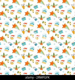 Merry Christmas groovy seamless pattern. Collection of hippie holiday winter elements in trendy old animation style. Groovy Christmas pattern. Stock Vector