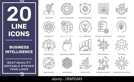 Set of business Intelligence icons, such as machine learning, data modeling, visualization, risk management and more. Business Intelligence tools in Stock Vector