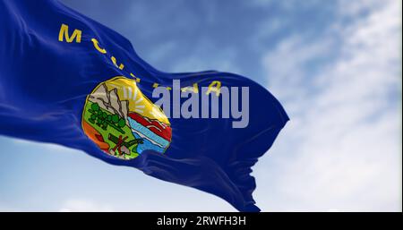 Montana state flag waving the wind on a clear day. 3d illustration render. Rippled fabric. Selective focus Stock Photo