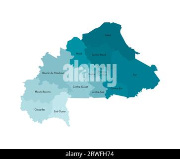 Vector isolated illustration of simplified administrative map of Burkina Faso. Borders and names of the regions. Colorful blue khaki silhouettes Stock Vector