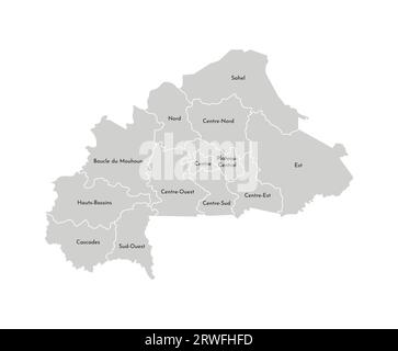 Vector isolated illustration of simplified administrative map of Burkina Faso. Borders and names of the regions. Grey silhouettes. White outline Stock Vector