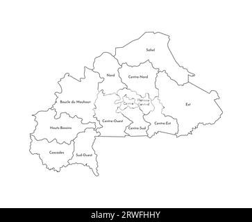 Vector isolated illustration of simplified administrative map of Burkina Faso. Borders and names of the regions. Black line silhouettes. Stock Vector