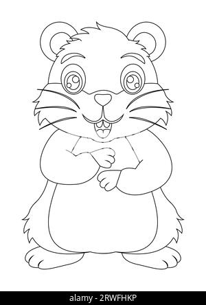 Black and white cute hamster cartoon character vector illustration. Coloring page of cartoon cute smiling hamster Stock Vector