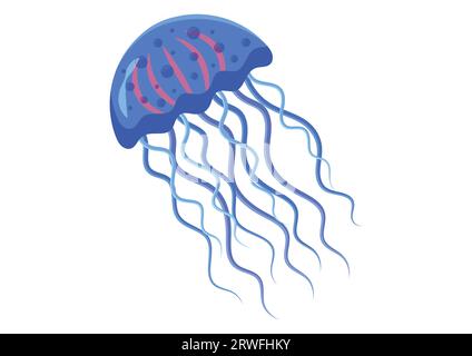 Blue jellyfish cartoon character vector illustration isolated on white background Stock Vector