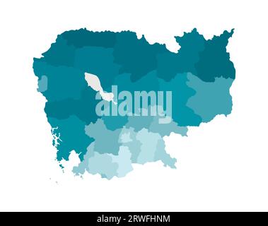 Vector isolated illustration of simplified administrative map of Cambodia. Borders of the regions. Colorful blue khaki silhouettes. Stock Vector