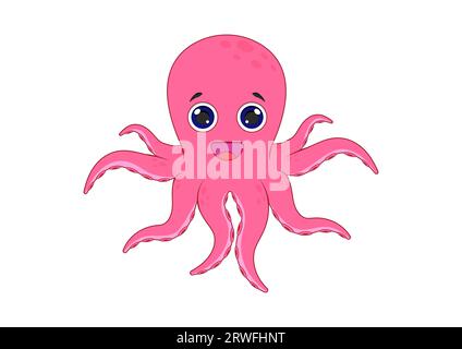 Octopus Cartoon Character Vector Illustration Isolated on White Background Stock Vector