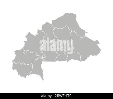 Vector isolated illustration of simplified administrative map of Burkina Faso. Borders of the regions. Grey silhouettes. White outline. Stock Vector