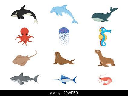 Set of underwater world animals clipart vector illustration Stock Vector