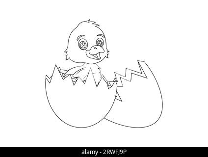 Black and white baby chicken in an egg shell cartoon character vector illustration. Coloring page of baby chicken in an egg shell Stock Vector