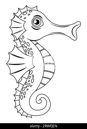 Black and white seahorse cartoon character vector. Coloring page of cartoon seahorse Stock Vector