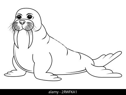 Black and white walrus cartoon character vector. Coloring page of cartoon walrus Stock Vector