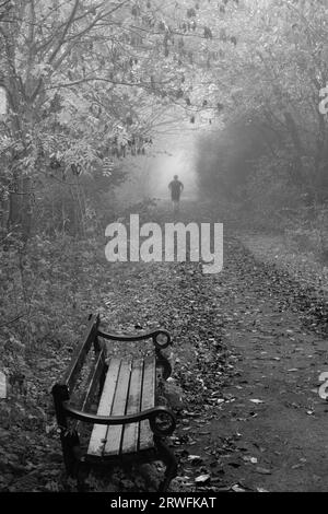 A lone jogger running on a rural path in the early morning mist. Stock Photo