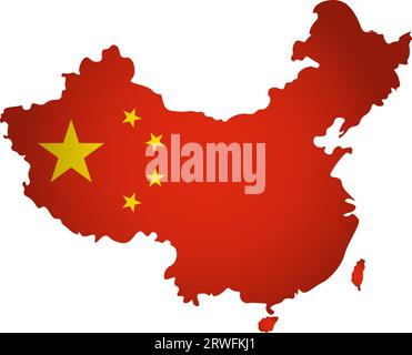 Illustration with Chinese national flag with simplified shape of China map (jpg). Volume shadow on the map. Stock Vector