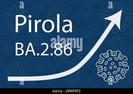 A new Omicron variant Pirola (BA.2.86). The arrow shows a dramatic increase in disease. White text on dark blue background with images of coronavirus. Stock Vector