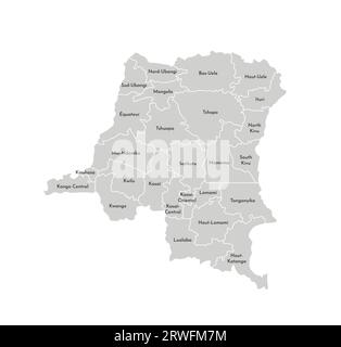 Vector isolated illustration of simplified administrative map of Democratic Republic of the Congo. Borders and names of the provinces (regions). Grey Stock Vector