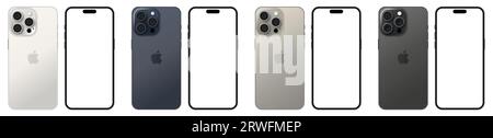 Set of New iPhone 15 Pro in different colors. Mockup screen front and back view. Editorial vector Stock Vector