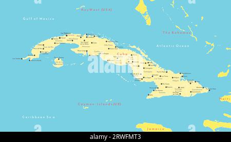 Vector illustration. Simplified geographical  map of Cuba and Bahamas, Haiti, Jamaica, Cayman islands. Blue background of Gulf of Mexico, Caribbean se Stock Vector