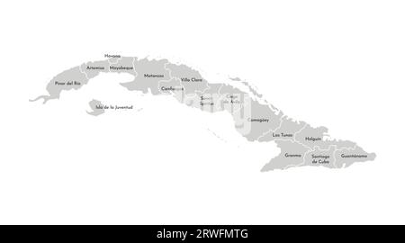 Vector isolated illustration of simplified administrative map of Cuba. Borders and names of the provinces (regions). Grey silhouettes. White outline Stock Vector