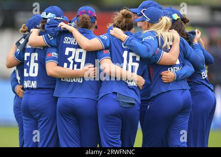 Northampton, England. 12 Sep 2023. England Women huddle before their Metro Bank Women's One Day International against Sri Lanka Stock Photo