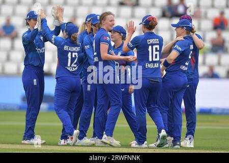 Northampton, England. 12 Sep 2023. Lauren Filer of England Women celebrates taking a wicket with her teammates in a game against Sri Lanka Women Stock Photo