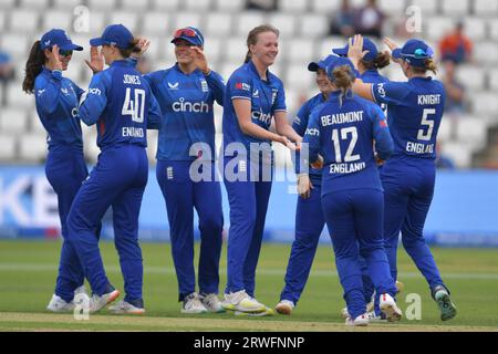 Northampton, England. 12 Sep 2023. Lauren Filer of England Women celebrates taking a wicket with her teammates in a game against Sri Lanka Women Stock Photo