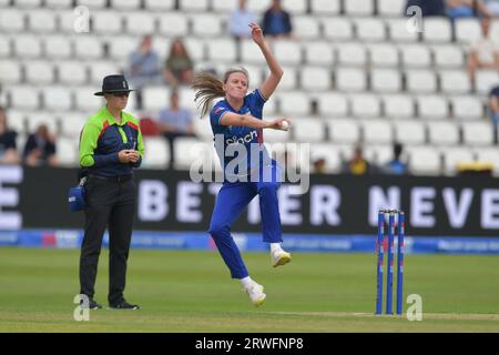 Northampton, England. 12 Sep 2023. Lauren Filer of England Women bowls during the Women's One Day International against Sri Lanka Stock Photo