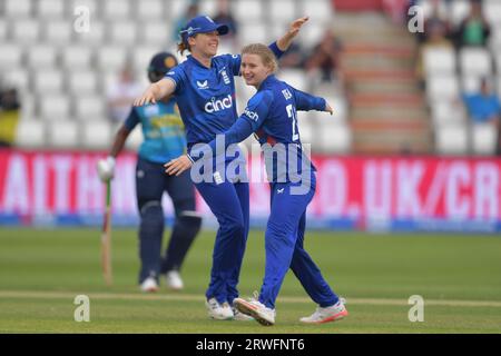 Northampton, England. 12 Sep 2023. England Women's Charlie Dean celebrates taking the wicket of Sri Lanka's Chamari Athapaththu with Heather Knight Stock Photo