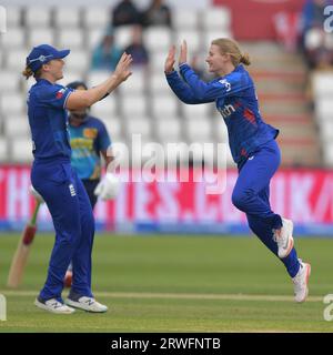 Northampton, England. 12 Sep 2023. England Women's Charlie Dean celebrates taking the wicket of Sri Lanka's Chamari Athapaththu with Heather Knight Stock Photo